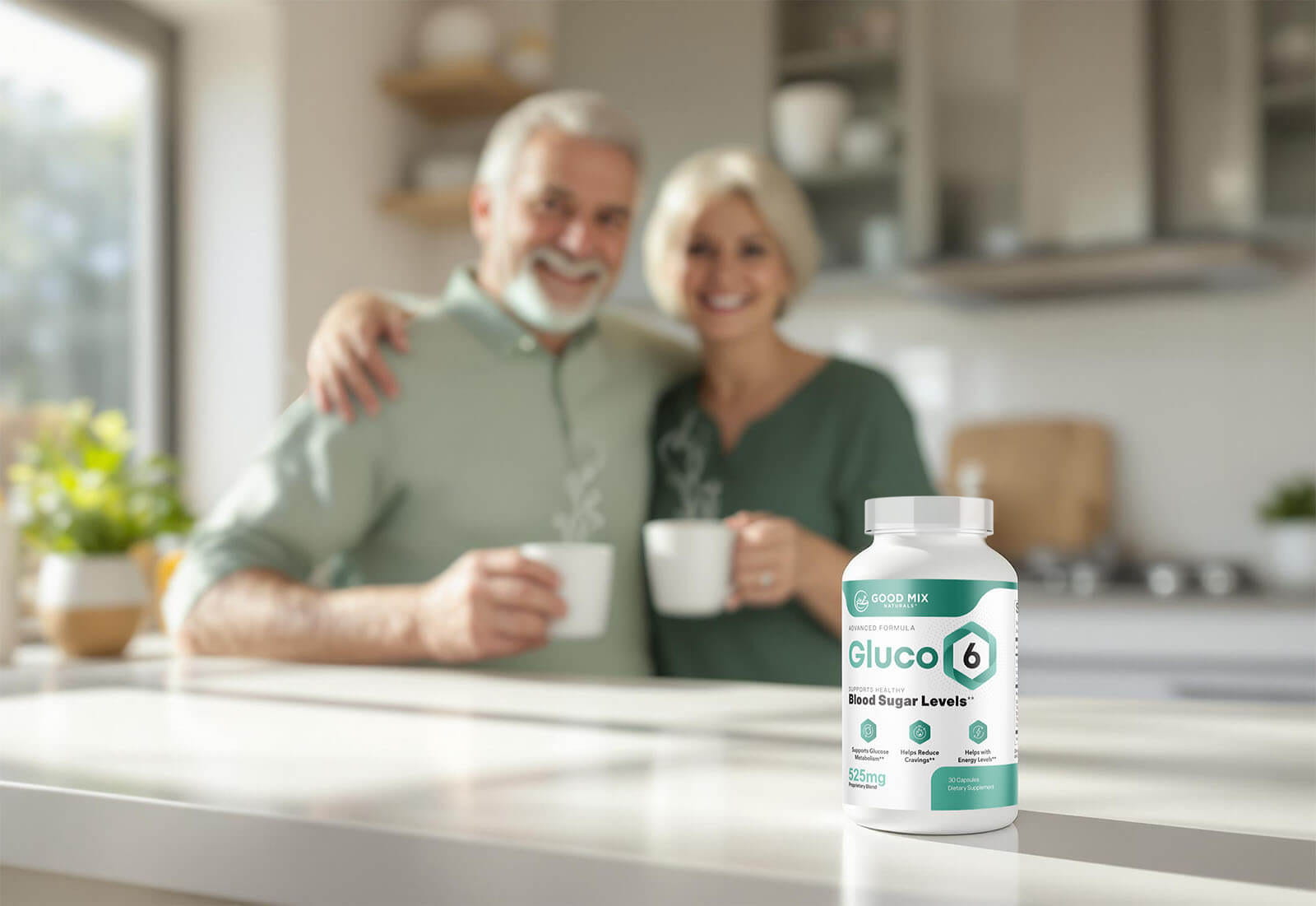 Older couple in a kitchen with Gluco6